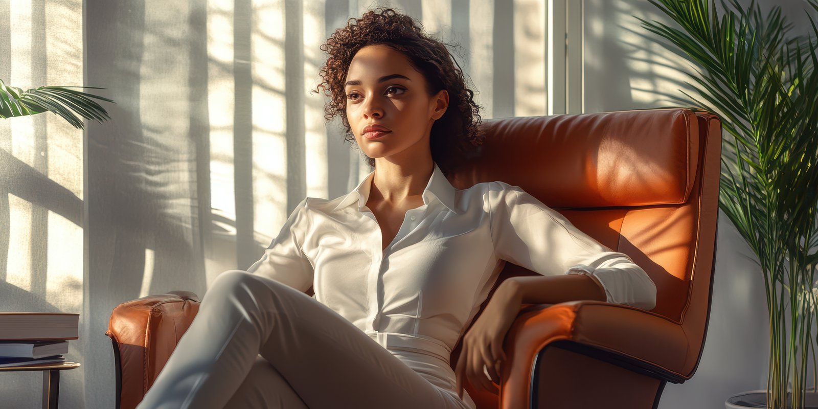 Woman in a white shirt sitting in an orange armchair, bathed in soft sunlight with shadows from plants